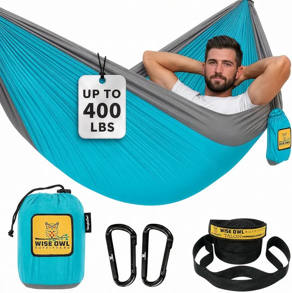 Wise Owl Outfitters Hammock for Camping Single Hammocks Gear for The Outdoors Backpacking Survival or Travel - Portable Lightweight Parachute Nylon SO Lt Blue & Grey