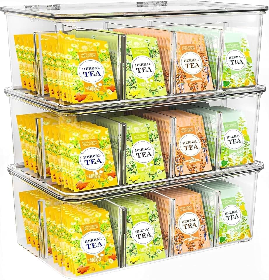 KICHLY Teebeutel-Organizer, 3 Stück, stapelbarer Teebeutel-Aufbewahrungs-Organizer mit transparentem Deckel, Teebeutelhalter für Arbeitsplatten, Küchenschränke, Speisekammer, Süßstoffe, Kunststoff
