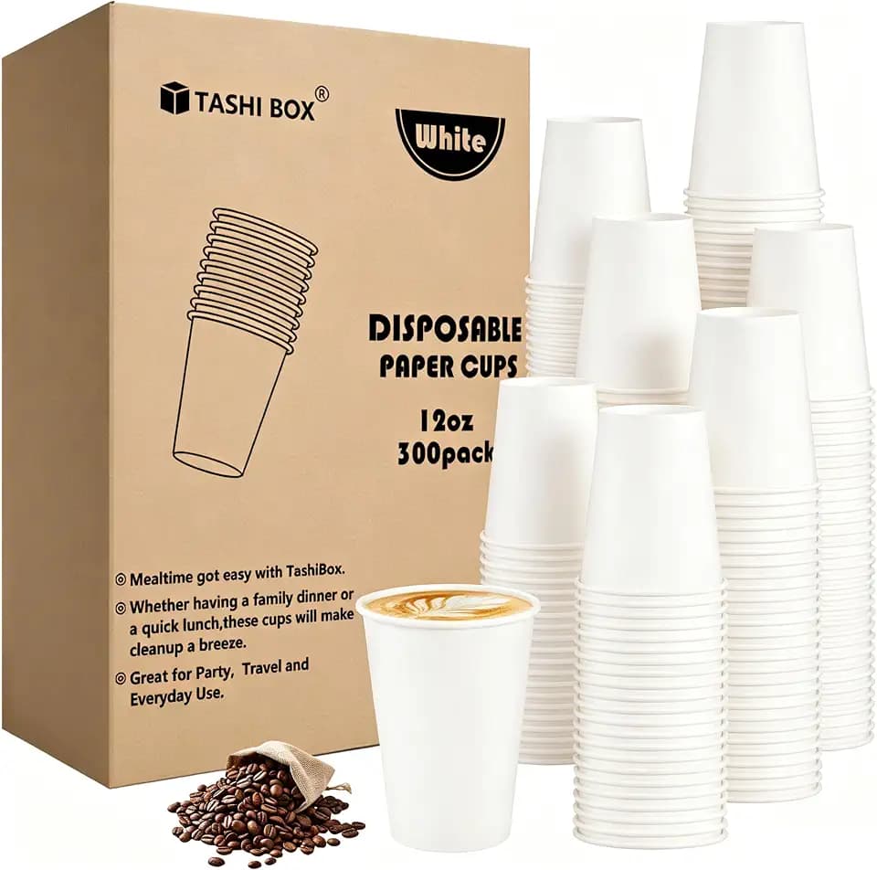 TashiBox 300 Pack 12 oz Disposable Paper Cups, BPA-Free Hot/Cold Drink Cups, Sturdy White Coffee Cups with Rolled Rim, Leak-Proof, Ideal for Home Office Daily Use