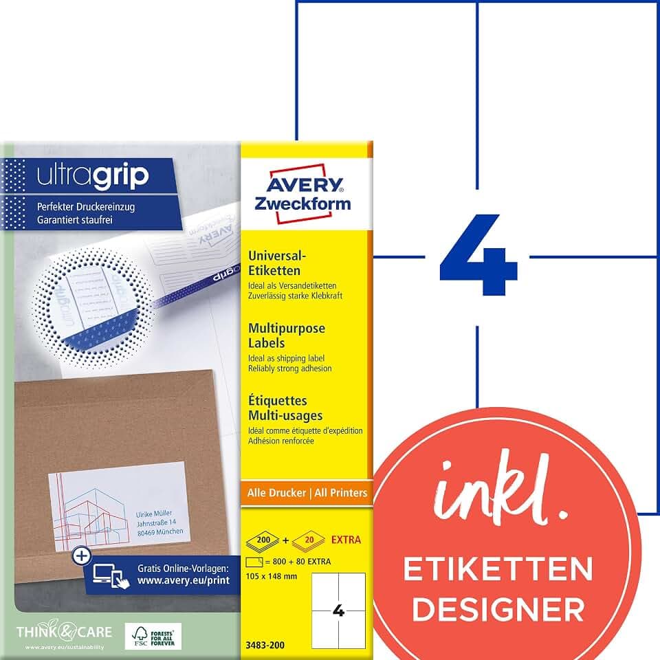 AVERY Zweckform 3483-200 Universal Etiketten (800 plus 80 Klebeetiketten extra, 105x148mm auf A4, bedruckbare Versandetiketten, selbstklebende Versandaufkleber mit ultragrip) 220 Blatt, weiß
