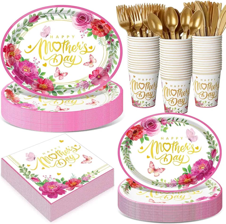 Pajean 350 Pcs Happy Mother's Day Party Decorations with 12 inch Disposable Oval Plates and Napkins Knives Flowers Design Heavy Duty Paper Tableware Set for 50 Guests Mother's Day Party Supplies