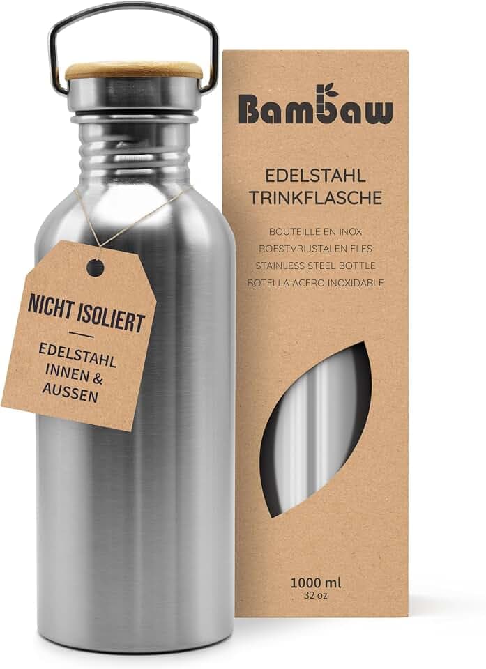 Bambaw Edelstahl, Langlebige Wasserflasche 1l| Wiederverwendbare öko | Für Camping & Lagerfeuer | Metall ohne Plastik | Sportflasche auslaufsicher