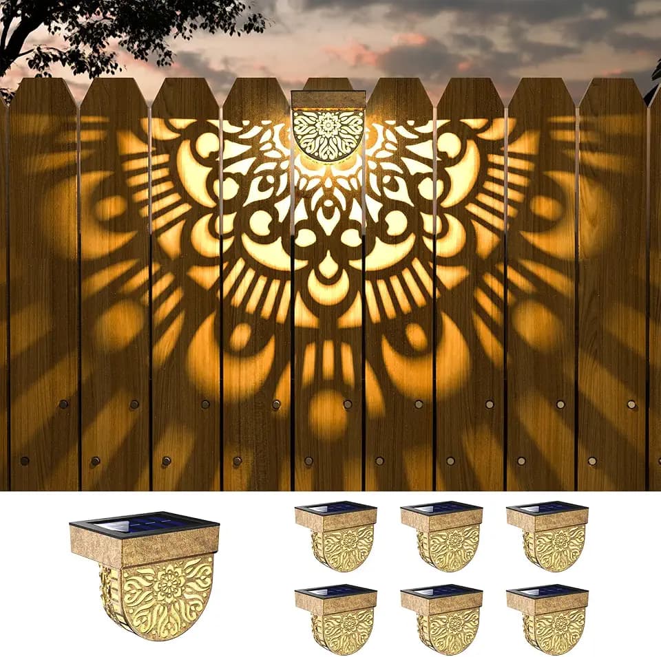 6 Pack Solar Fence Lights Outdoor Wall Lights Gold Plastic Solar Powered Deck Step Stair Lights Mandala Theme Waterproof Fence Solar Light for Garden Post Patio Backyard Yard Decor