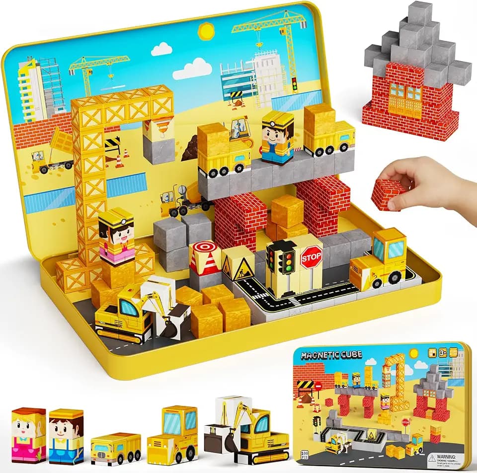 Magnetische Bausteine Reiseset Baustelle: 100 Teile für Jungen