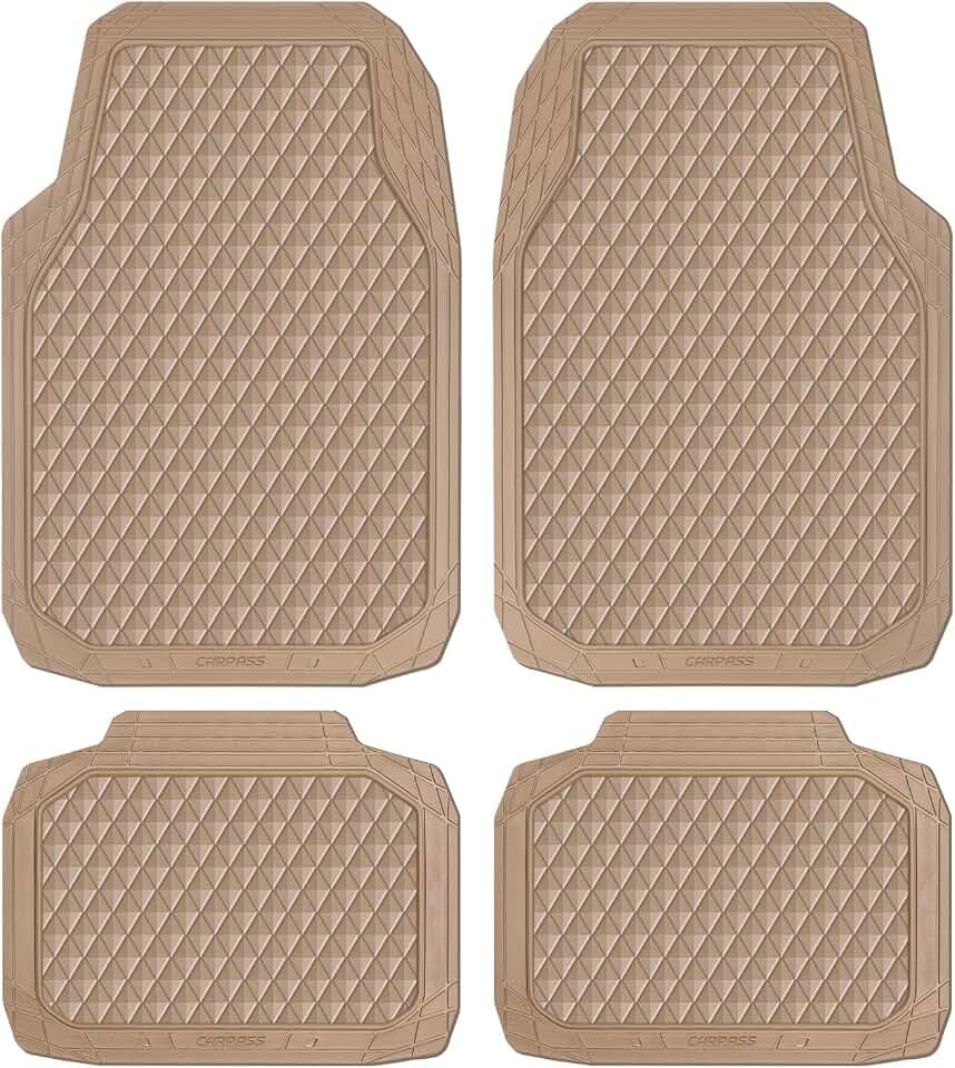 CAR PASS Beige Rubber Car Mats, All-Weather Floor Mats Full Set Durable Anti-Slip 3D Rhombus Waterproof Automotive Pad Trim to Fit Liner Universal Fit for Sedan SUV Truck Van, 4 Pcs All Beige Rubber