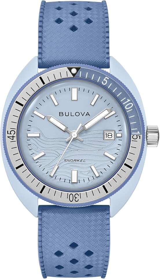 Bulova Oceanographer Snorkel Amazon Exclusive Ceramic Case and White Perforated Rubber Strap Watch, Day Date 100M WR