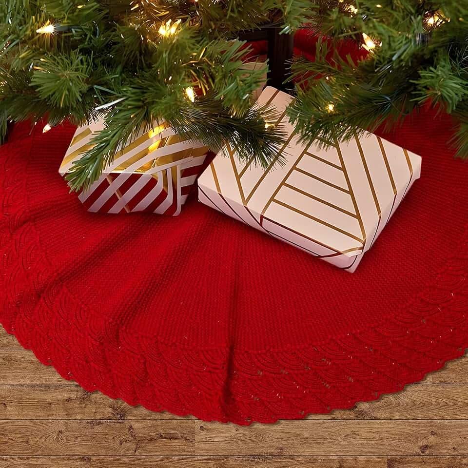 Red Christmas Tree Skirt, 32 Inch Mermaid Scale Wave Pattern Knitted Xmas Tree Skirt, Rustic Christmas Holiday Decoration.