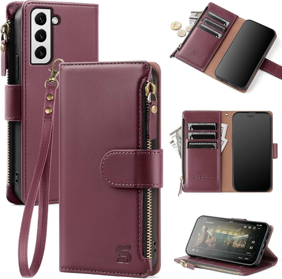 Shieldtop Compatible with Samsung Galaxy S22 Wallet Case with Card Holder,Women Men RFID Blocking PU Leather Flip Cover Wrist Strap Zipper Credit Card Slots,Phone Case for S22 6.1",Wine Red
