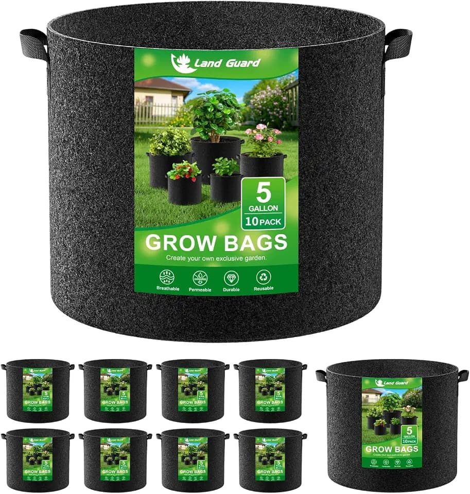 Land Guard 10-Pack Fabric Grow Bags 5 Gallon, Thickened Nonwoven Garden Pots, Growing Bags with Handles, Black