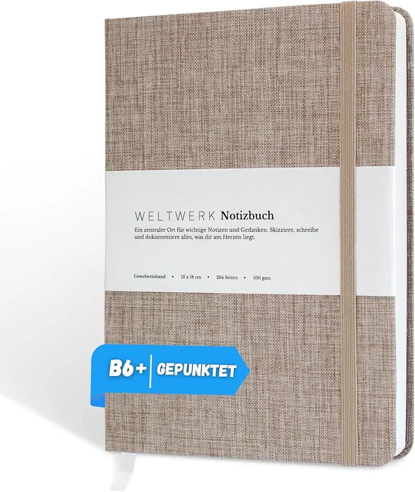 Notizbuch B6+ [Dotted, Leinenbeige] hochwertiges Notizbuch mit 100 g/m² Papier, Gewebeeinband & Gummiband – kleines Notizheft mit 264 Seiten für Bullet Journaling, Skizzen & Notizen