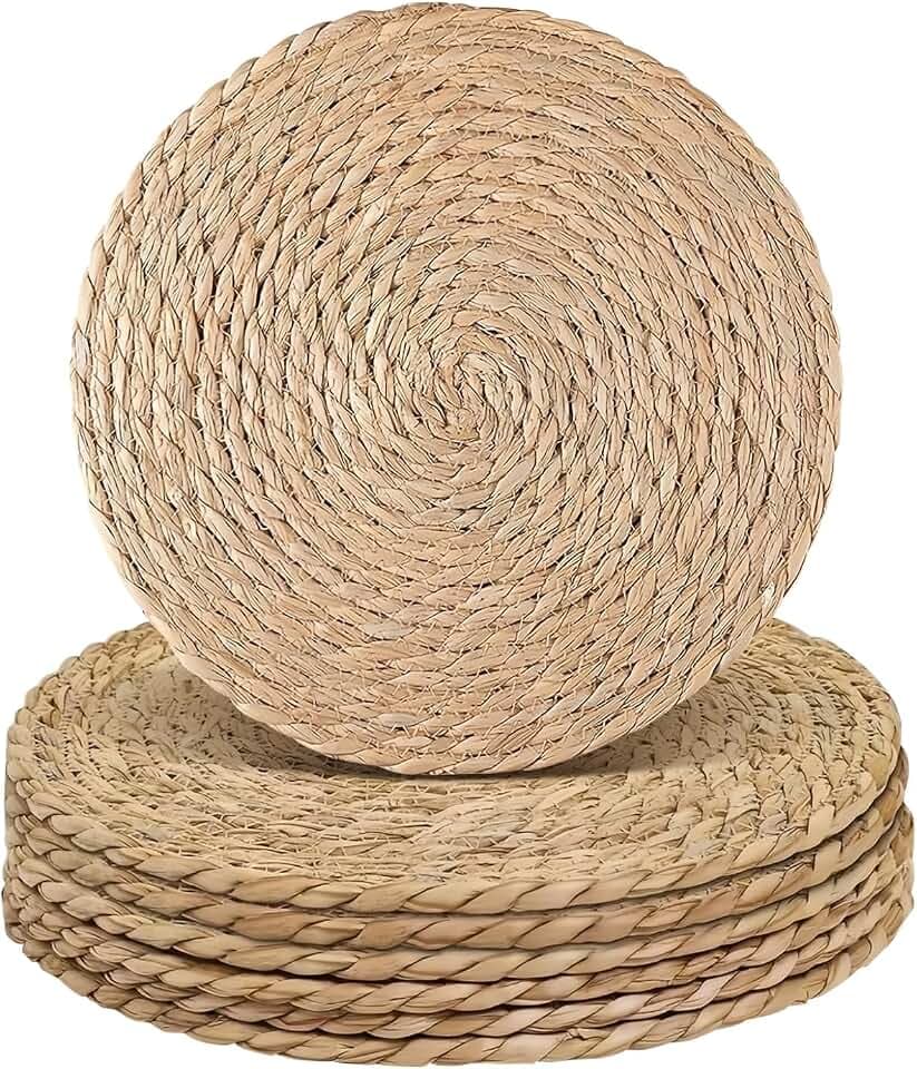 comfoyar Tischsets Natürlich Rund Geflochten 6er Set, rutschfeste Wasserhyazinthe Gewebt Platzsets, Hitzebeständige Rustikal Platzdeckchen für Küche Bauernhaus, Esszimmer Partytisch Dekoration (33cm)