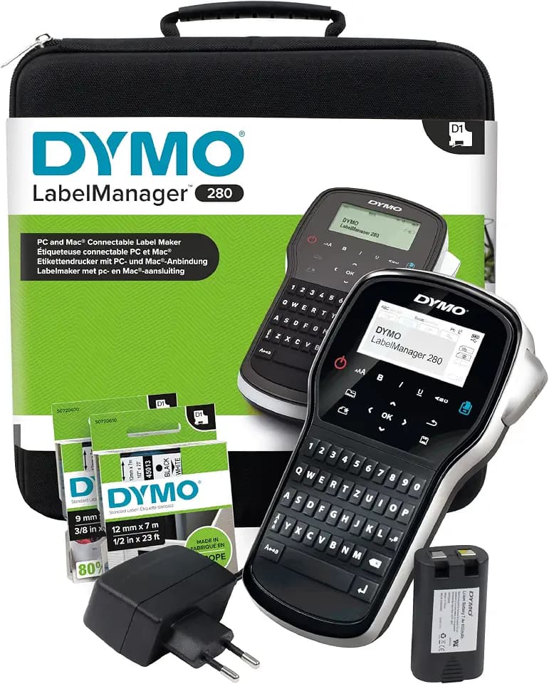 DYMO LabelManager 280 Tragbares Beschriftungsgerät im Koffer | Wiederaufladbares Etikettiergerät mit QWERTZ Tastatur | mit PC- oder Mac-Schnittstelle | für D1 Etiketten in 6, 9 und 12mm Breite