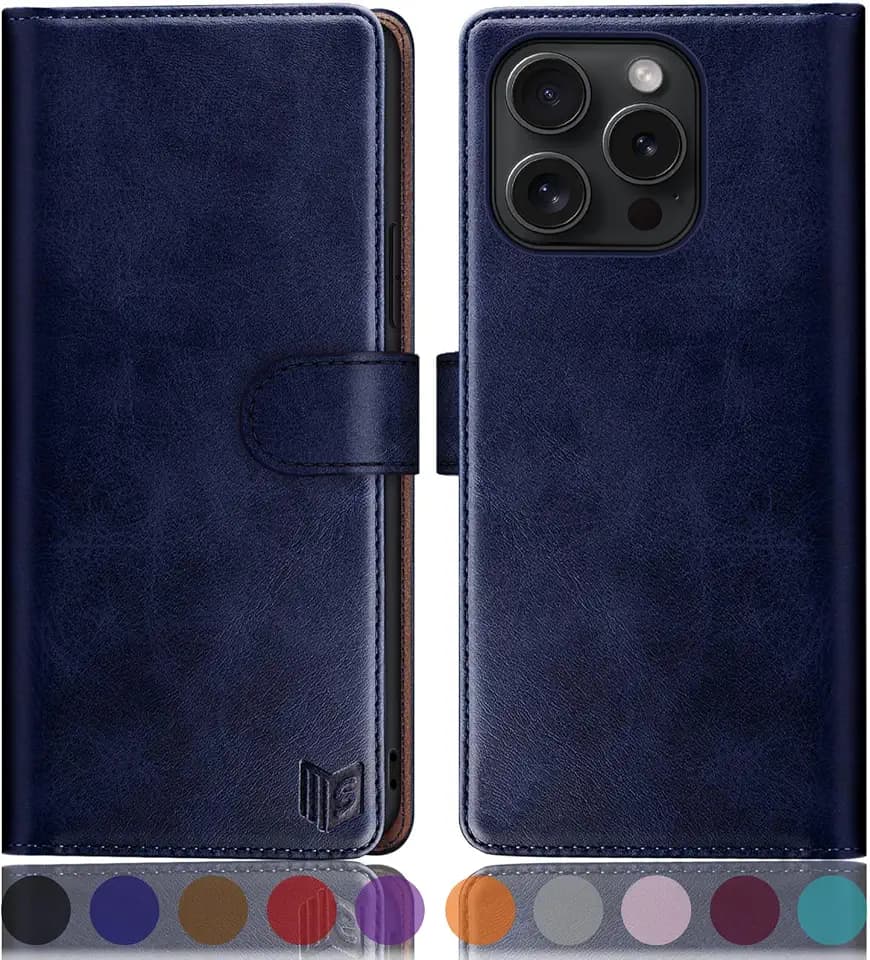 SUANPOT [RFID Schutz für iPhone 16 Pro 6.3" Hülle PU Leder Handyhülle Lederhülle Klapphülle Kartenfach Flip Cover für Apple 16 Pro Handy hülle Leather Wallet Phone Case Blau