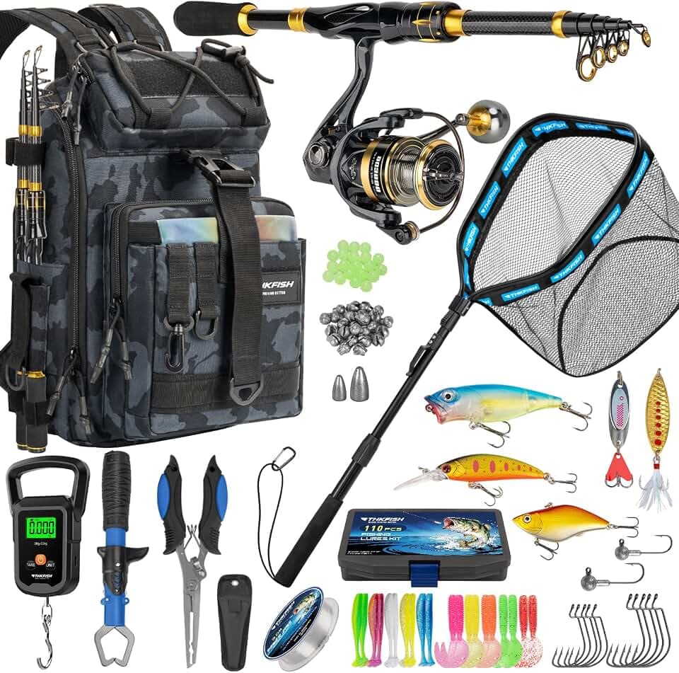 THKFISH Telescoping Fishing Rod and Reel Combo with Backpack, Carbon Fiber Travel Fishing Pole Spinning Reel Kit with Fishing Lures, Fishing Tools Kit for Men