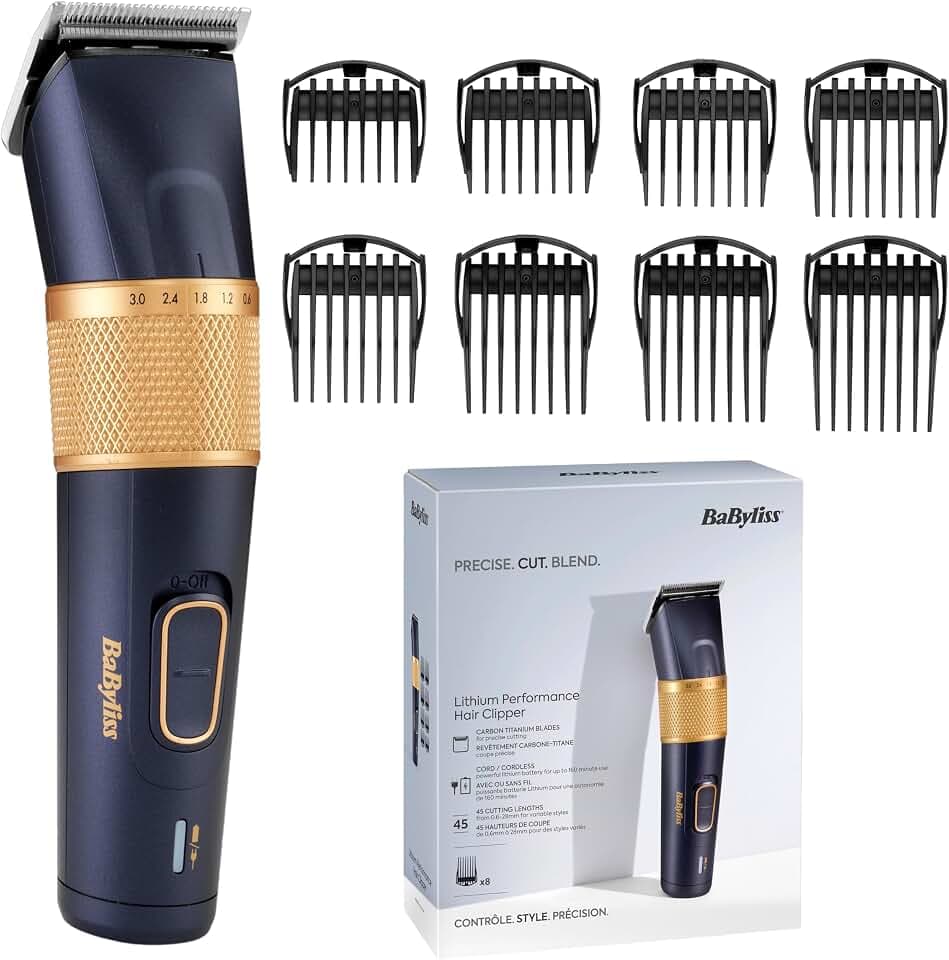 BaByliss Lithium Performance Haarschneider – Kabellose Profi-Leistung, 45 Längeneinstellungen (0,6–28 mm), Lithium-Akku, Dunkelblau/Gold, E986E
