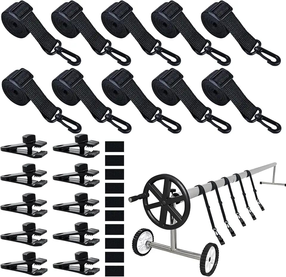 30Pcs Upgraded Pool Solar Cover Reel Strap & Clips Kit,Adjustable Length