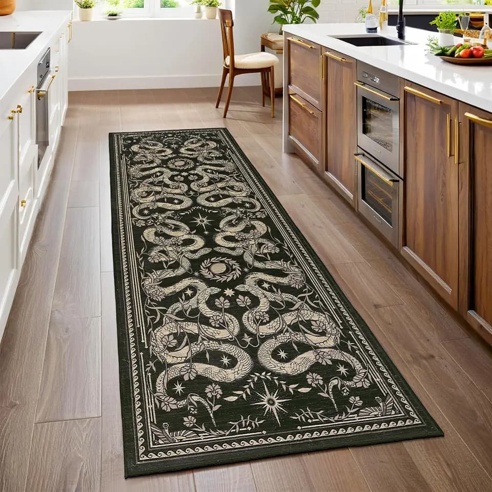 Black Snake Gothic Washable 2x6 Kitchen Runner Rug Dark Whimsical Moody Witchy Unique Soft Long Rugs for Hallway Entryway Bedroom Indoor Decor Low Pile Non-Slip TPE Backing