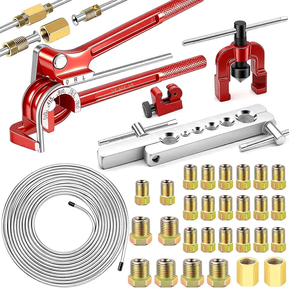smseace 26Pack 1/4 Inch Brake line kit Includes 25FT Zinc-Plated Brake Lines with Fittings(16pcs Fittings,2pcs Union+4pcs Nut)，Brake line Bender，Single Flaring Tool，Pipe Cutter 1/4 Inch Brake Lines