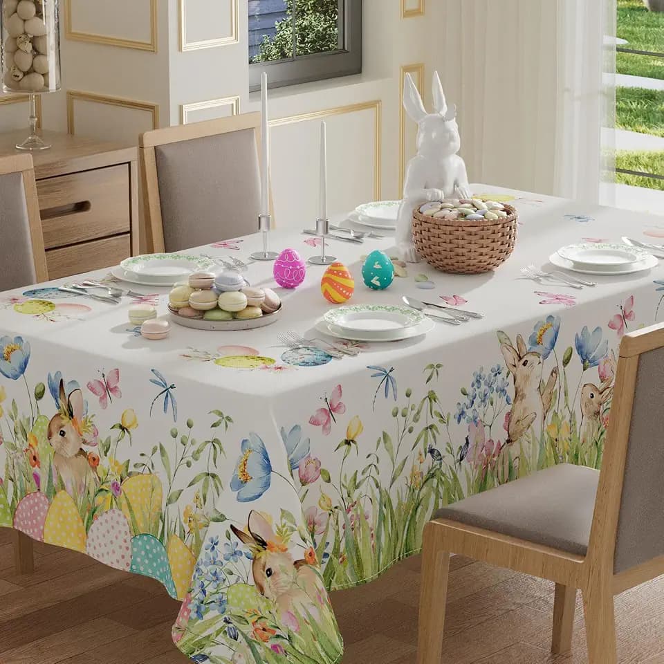 XCHI Bunny Eggs Flower Butterfly Watercolor Rabbits Easter Tablecloth Rectangle Table Cloth Washable Table Covers for Indoor Dining Home Party Decorations 52x70 Inch