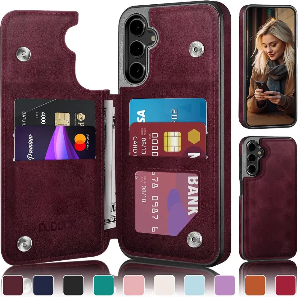 DJDUCK Designed for Samsung Galaxy S24 FE Case Wallet with Card Holder, [Magnetic Clasp Cover] [RFID Blocking Leather Protection] Shockproof Women Men Cases for Samsung S24 FE Wine Red