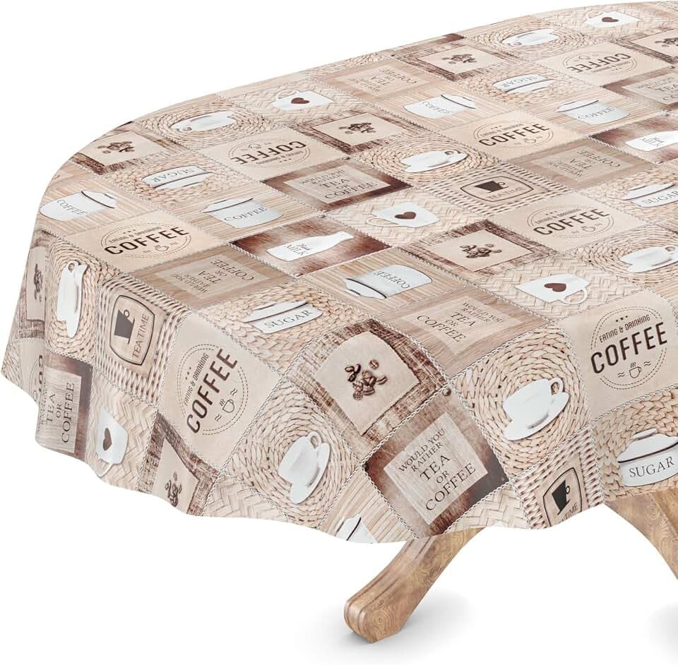 ANRO Tischdecke abwaschbar Wachstuch Wachstuchtischdecke Oval 140 x 240cm Schnittkante Kaffee Coffee pflegeleicht Wachstischdecke wasserabweisend Gartentischdecke Meterware Lotuseffekt