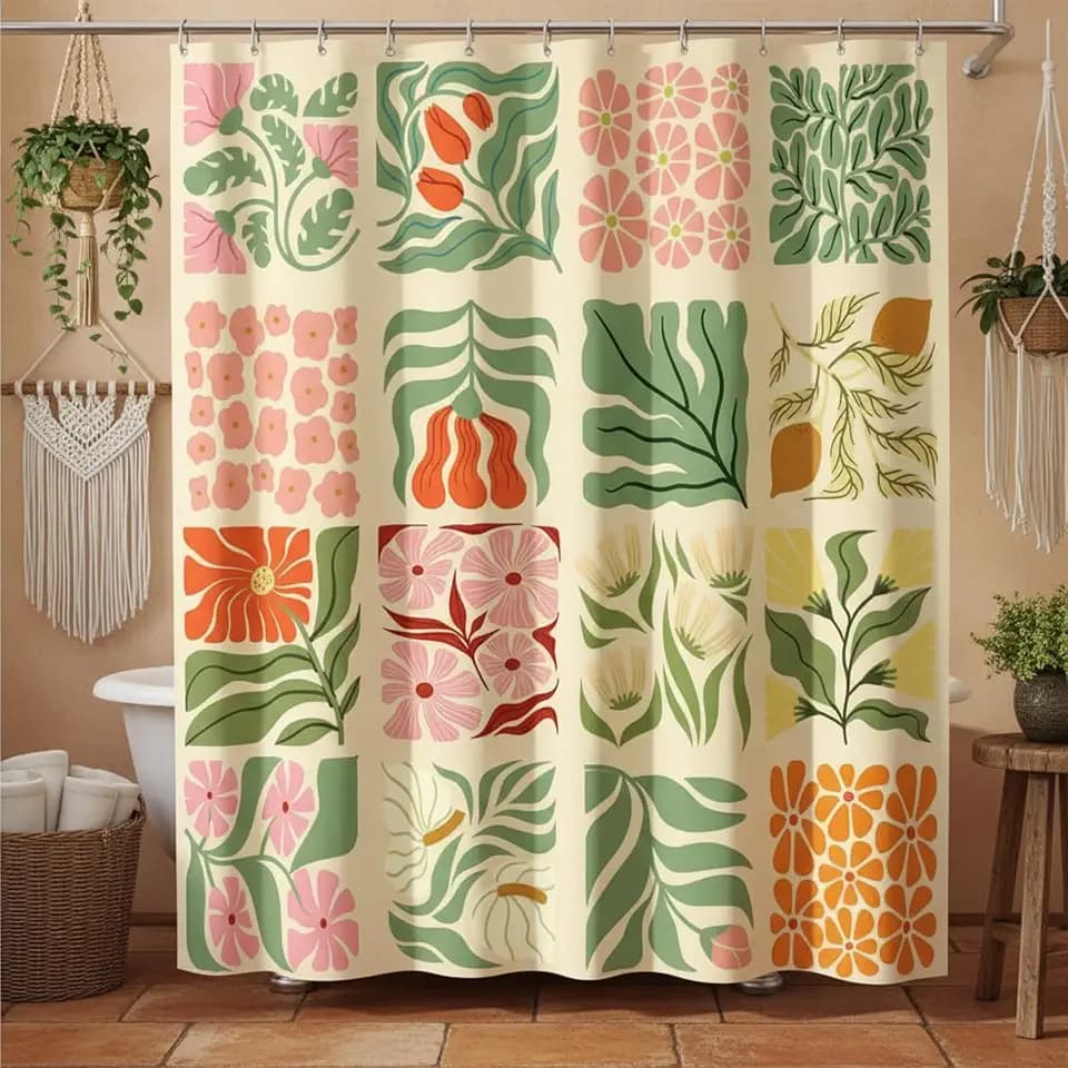 JAWO Retro Shower Curtain Vintage Abstract Boho Floral Shower Curtains for Bathroom Decor, Pink Yellow Botanical Geometric Groovy Aesthetic Pattern Shower Curtain Sets with Hooks, 70X70IN