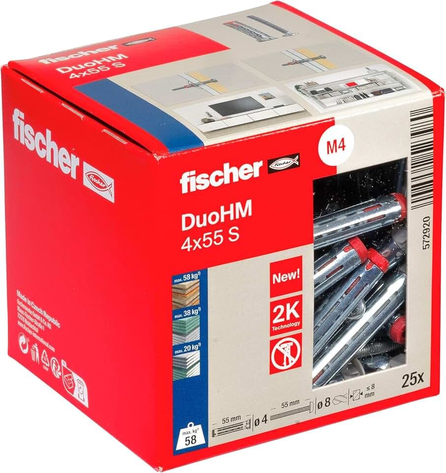 fischer Hohlraumdübel DuoHM 4 x 55 S PZ, Plattendübel mit metrischer Panheadschraube und PZ-Antrieb zum Befestigen von TV-Halterungen, Leuchten, Wandregalen, uvm. in Plattenbaustoffen, 25 Stück