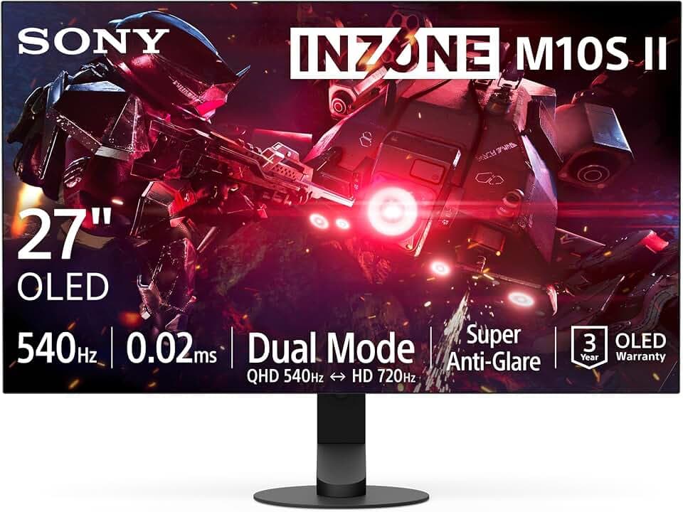 Sony INZONE M10S II 27-Zoll-OLED-QHD-Gaming-Monitor: 1440p, 540 Hz, 0,02 ms GTG, DCI-P3 99,5%, G-Sync, VRR, entwickelt mit Fnatic, 1500 Nits, DisplayPort 2.1 – 2 x HDMI 2.1 – PC, PS5
