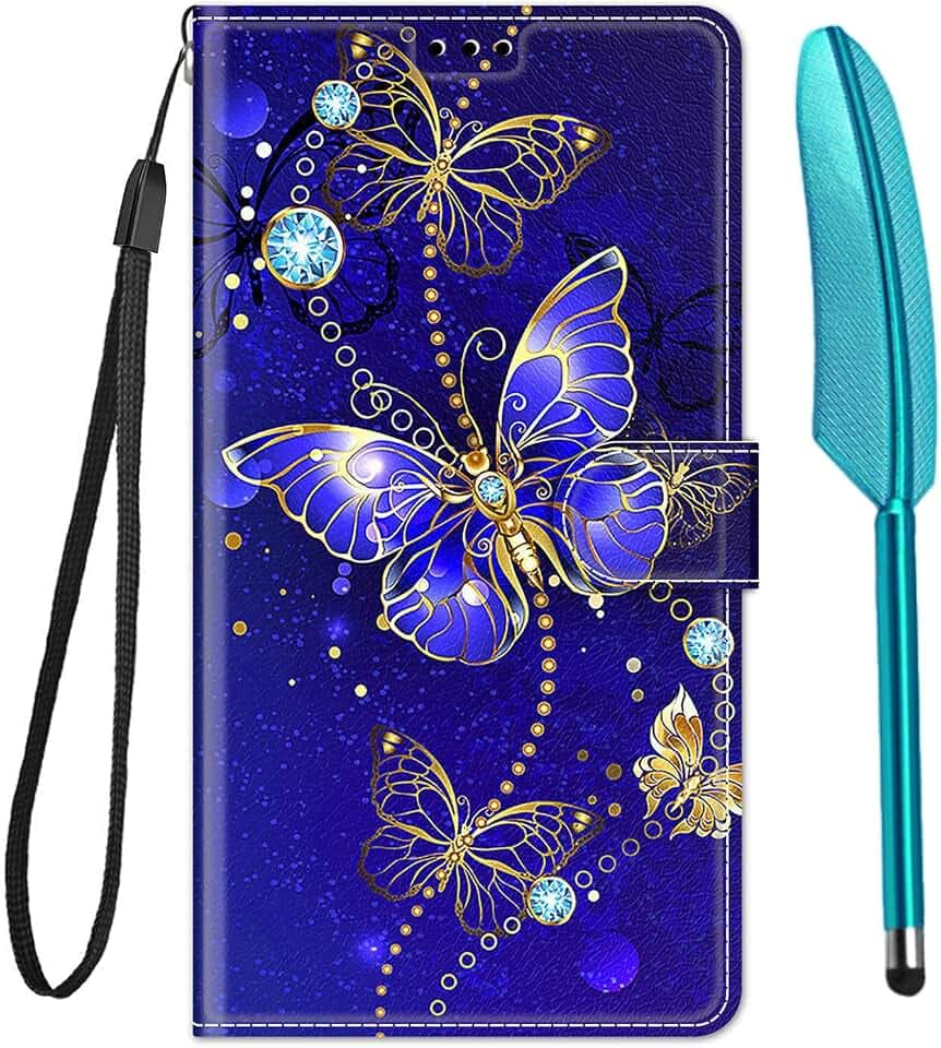 Knoowcase Schutzhülle für Samsung Galaxy A27 5G, Samsung A27 5G, Brieftaschenformat, PU-Leder, Silikon, Schutzhülle mit Kartenhalter, Magnetständer, 1 Eingabestift, goldfarbener Schmetterling