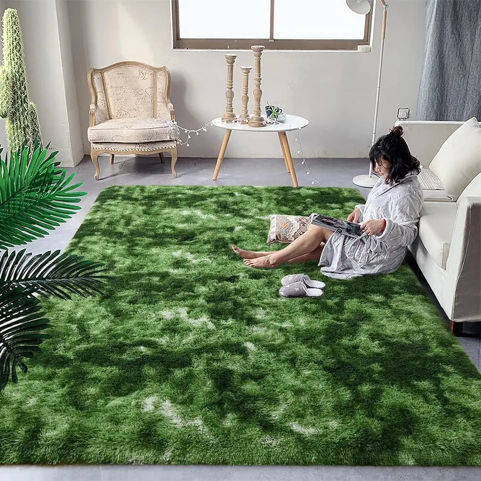 DweIke Fluffy Dark Green Rugs for Bedroom Living Room, 3x5 Feet Soft Plush Shaggy Tie-Dyed Forest Moss Green Girls Boys Kids Rug, Non-Slip and Machine Washable Carpet for Dorm Nursery Decor