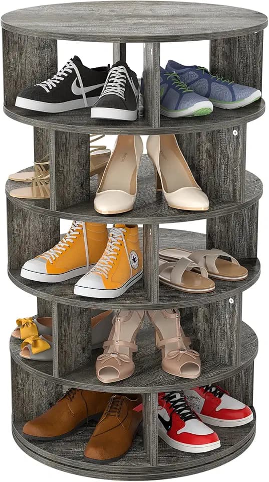 Aheaplus Rotating Shoe Rack, 5-Tier Wood Shoe Organizer for Closet, 360° Spinning Shoe Rack Tower Space-Saving Shoe Storage Shelf for Entryway, Garage, Bedroom, Grey Oak