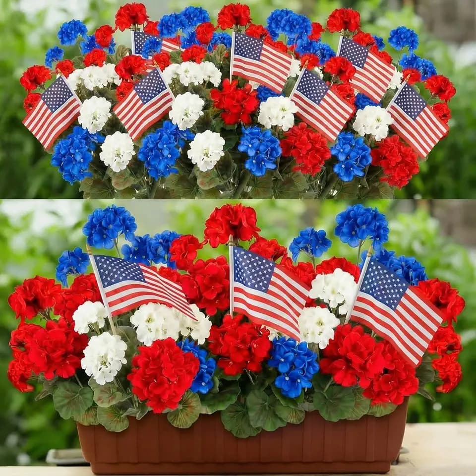 Norme 12 pcs Red White Blue Artificial Geraniums with Flag for Decoration