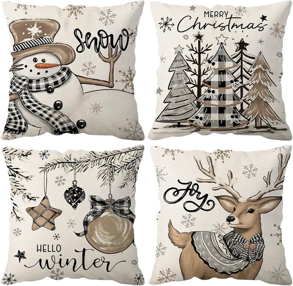 Weihnachtskissenbezug, 40 x 40 cm, 4er-Set dekorative Kissenbezüge mit verdecktem Reißverschluss, Sofakissen, Sofakissen Weihnachten 16 x 16 Zoll Braun