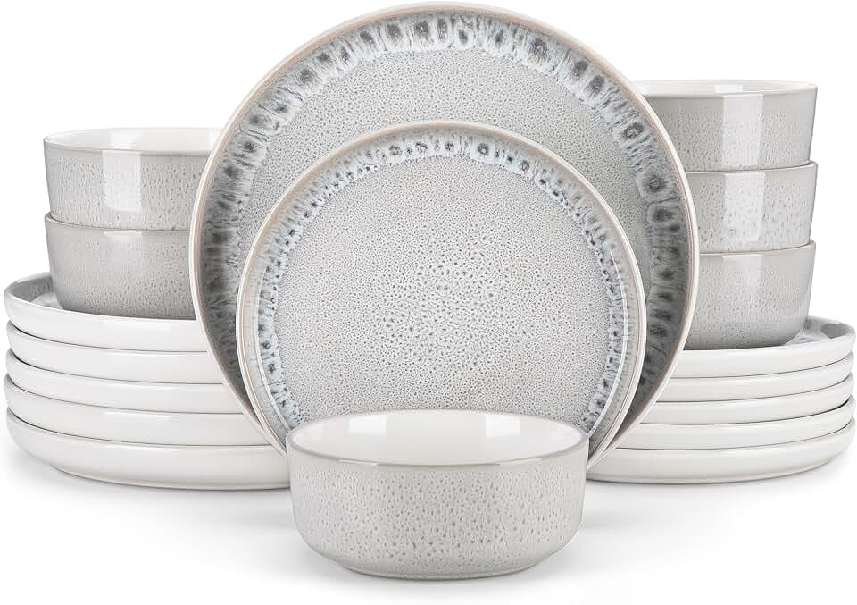 vancasso Steingut Geschirrset für 6 Personen 18-teilig Tafelservice mit Esstellern, Desserttellern & Müslischüsseln – spülmaschinenfestes modernes Geschirr für Alltag und Festessen, Beige (Serie SNOW)