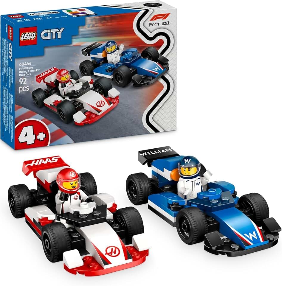 LEGO City F1 Williams Racing und Haas F1 Rennautos - Formel 1 Spielzeug mit baubaren Autos und 2 Rennfahrer Minifiguren - Kleine Geschenkideen für Jungen und Mädchen ab 4 Jahren 60464