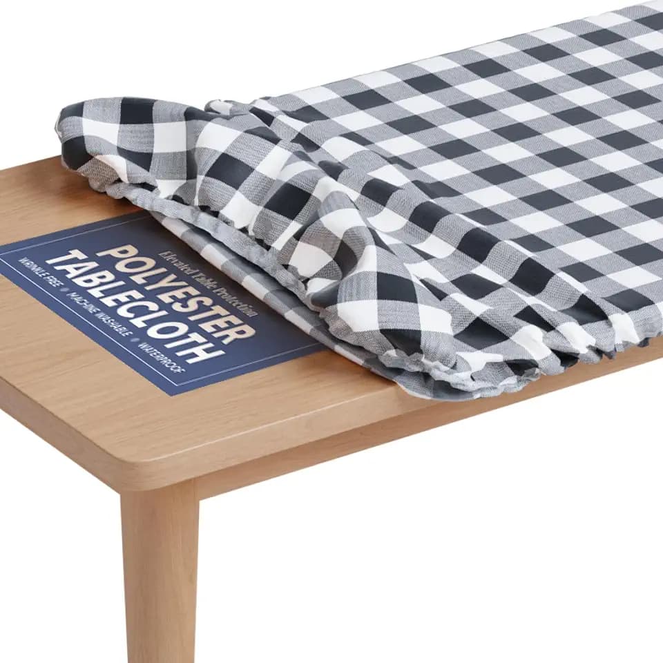 Sorfey Tablecloth of Polyester -Fitted with Elastic, Water Proof, Washable, Fits for Table 36 x 72 Inch, Checked Black Design, for Indoor/Outdoor Kitchen and Picnic and More...