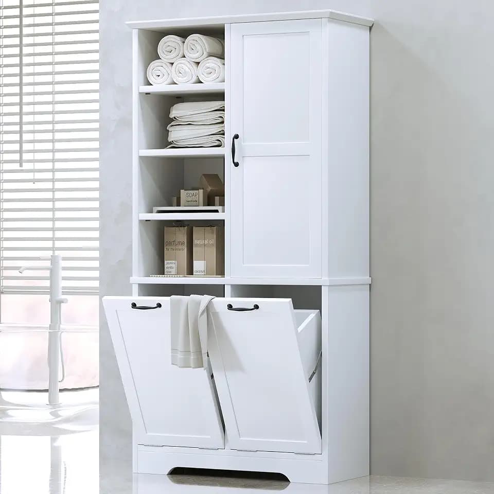68" Tall Bathroom Storage Cabinet with One Door and Two Laundry Hampers for Home Display Organizer, Adjustable Shelf, White