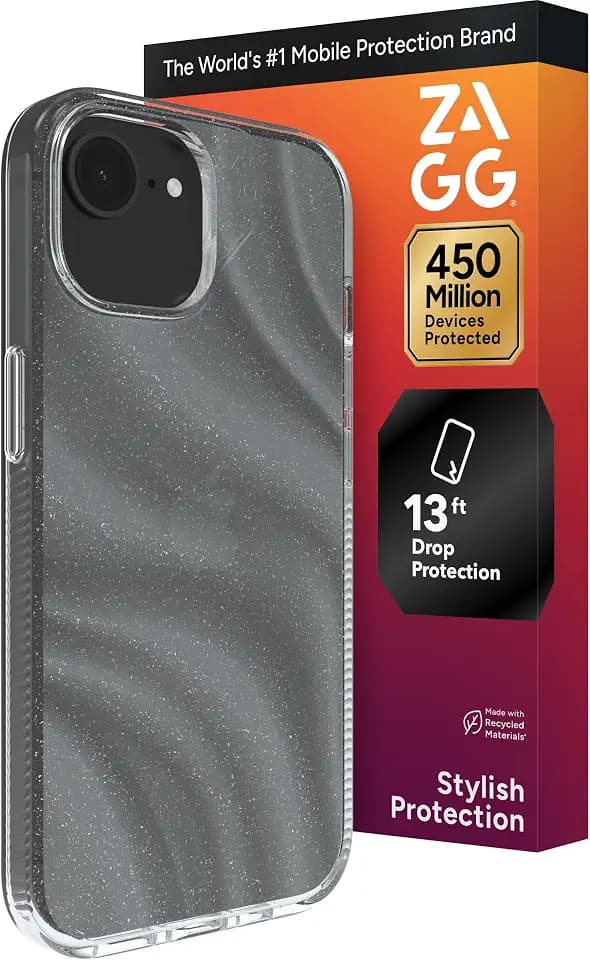 ZAGG Milan Case for iPhone 17e/ 16e/ 15/14/ 13 – Stylish & Slim Design, 13ft Drop Protection, Wireless Charging Compatible, Eco-Friendly,Glitter Swirl Silver