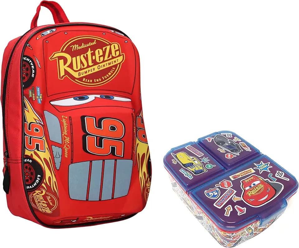 Theonoi Set Cars Lightning McQueen 3D-Effekt Rucksack Backpack Schulrucksack Schulranzen Schultasche Sportrucksack Kindergarten leichter Kleinkinderrucksack (Rucksack + Brotdose)