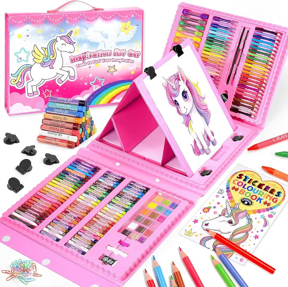 HappyGoLucky Malset für Kinder, Geschenk Mädchen 4-10 Jahre, Buntstifte Set Wachsmalstifte Zeichenbrett