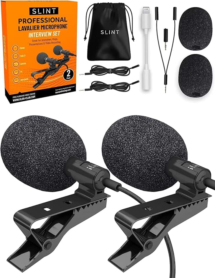 SLINT Lavalier Mikrofon 2er Pack - Ansteckmikrofon mit Kugelkondensator - Clip On Handy Mikrofon Kompatibel mit iPhone, Android, GoPro, DSLR - Ansteckmikro für YouTube Aufnahmen