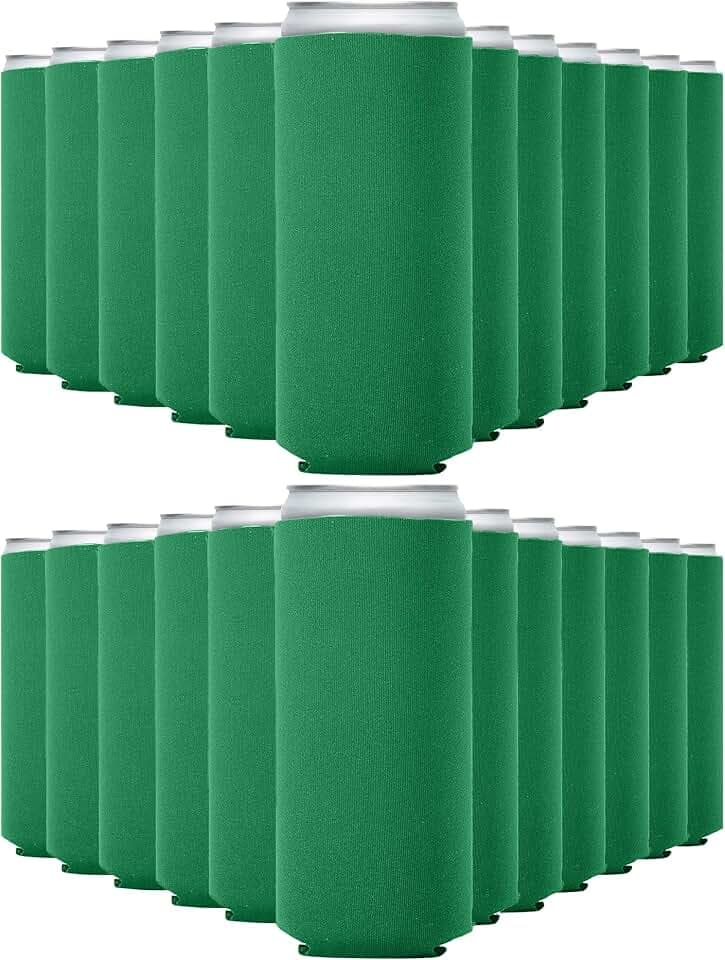 Slim Can Koozies (25 Pack) Bulk Customizable, Blank Foldable Foam Insulators for Beer Bottles & 12oz Tall Cans, Sublimation/HTV-Ready for Beer, Seltzer & White Claw (KellyGreen)