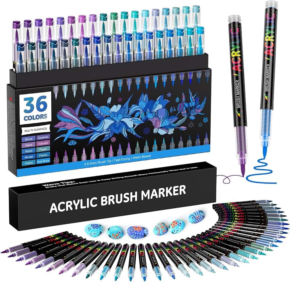 36 Blau Acrylstifte für Steine Wasserfest, Acrylic Marker | Pinselspitze mit 1-5MM Permanent Acrylstifte für Holz, Leinwand, Glas, Metall, Papier, Stoff, Keramik, Ostereier, Deko - Blau