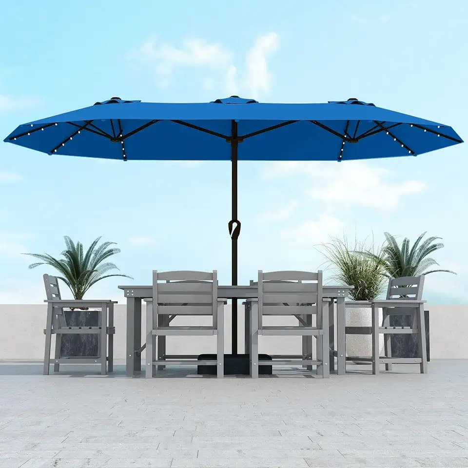 Kingdura 15ft Large Patio Umbrella with Solar Lights, Double-Sided Rectangle Outdoor Table Umbrella with Base Included, 12 Reinforced Ribs, 48 Led Lights, Crank Lift for Market Pool Deck, Royal blue
