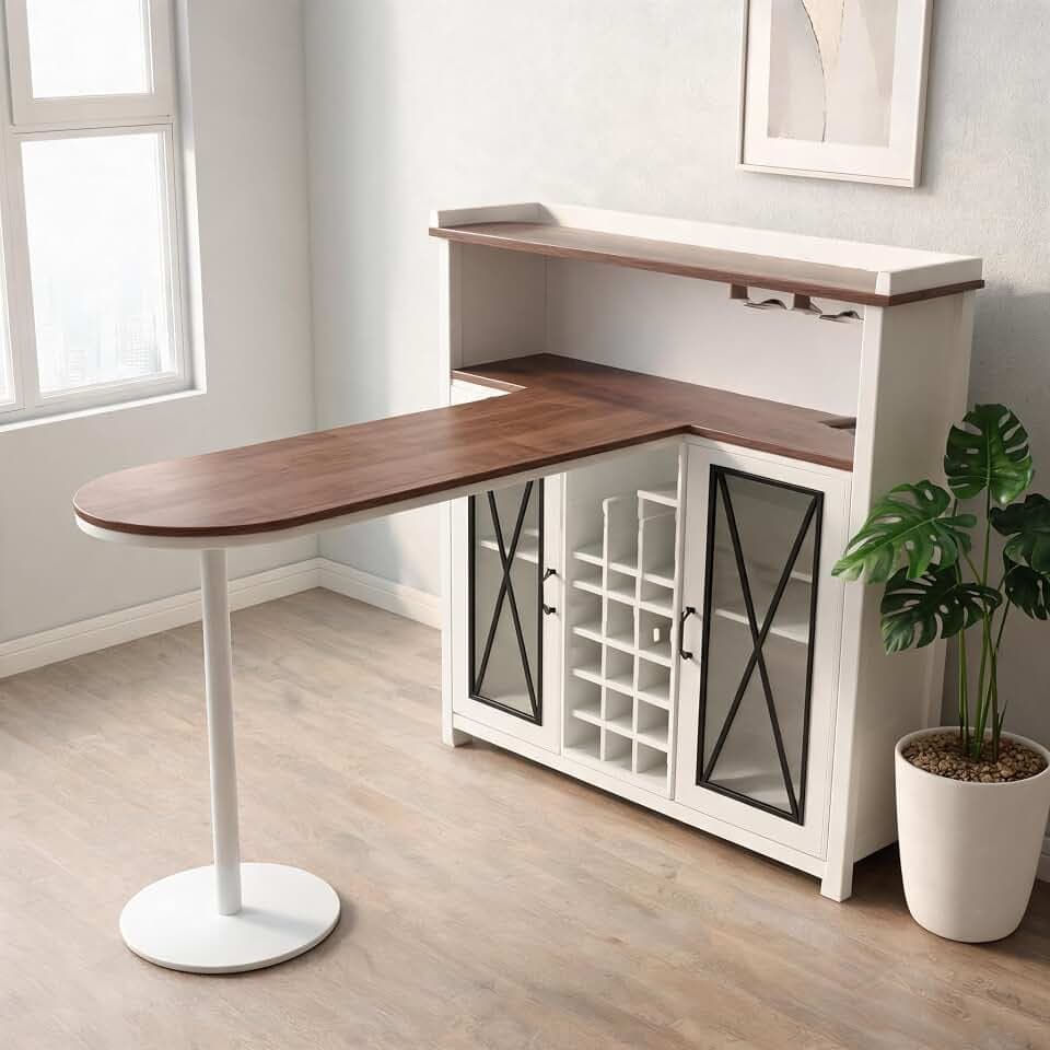 YITAHOME 16-Bottle Wine Bar with LED Light, 2 Outlets + USB, Walnut White