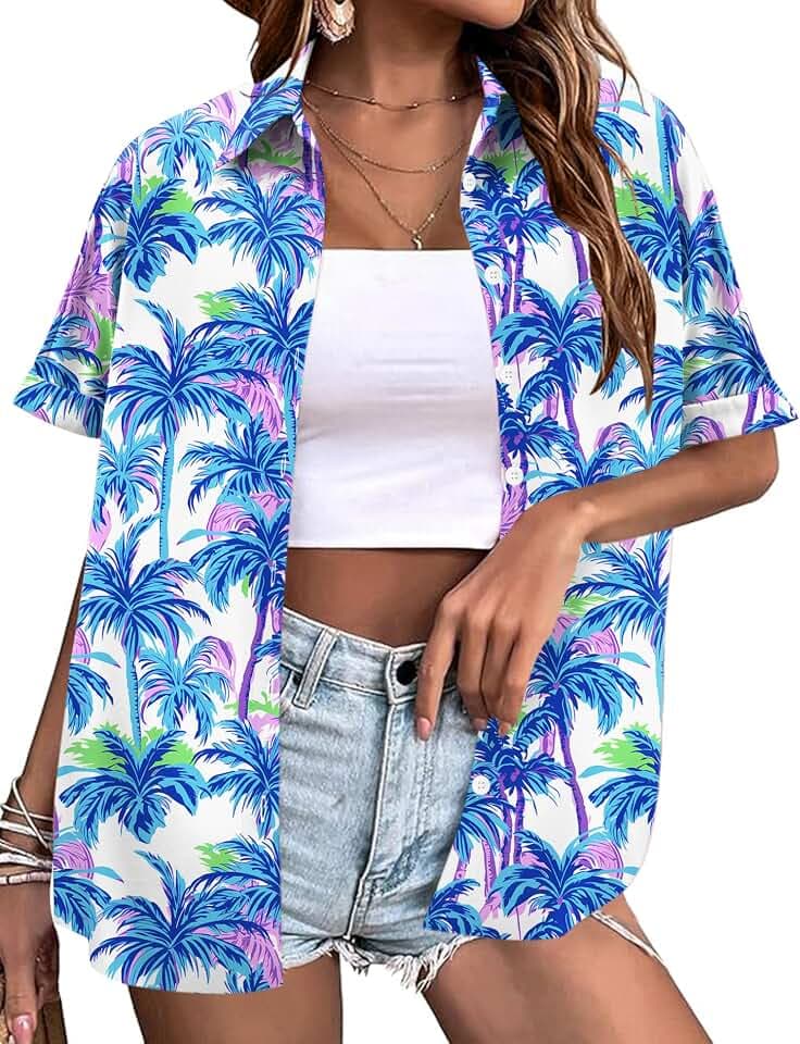 LOMON Women's Summer Hawaiian Shirts Floral Short Sleeve Button Down Shirts