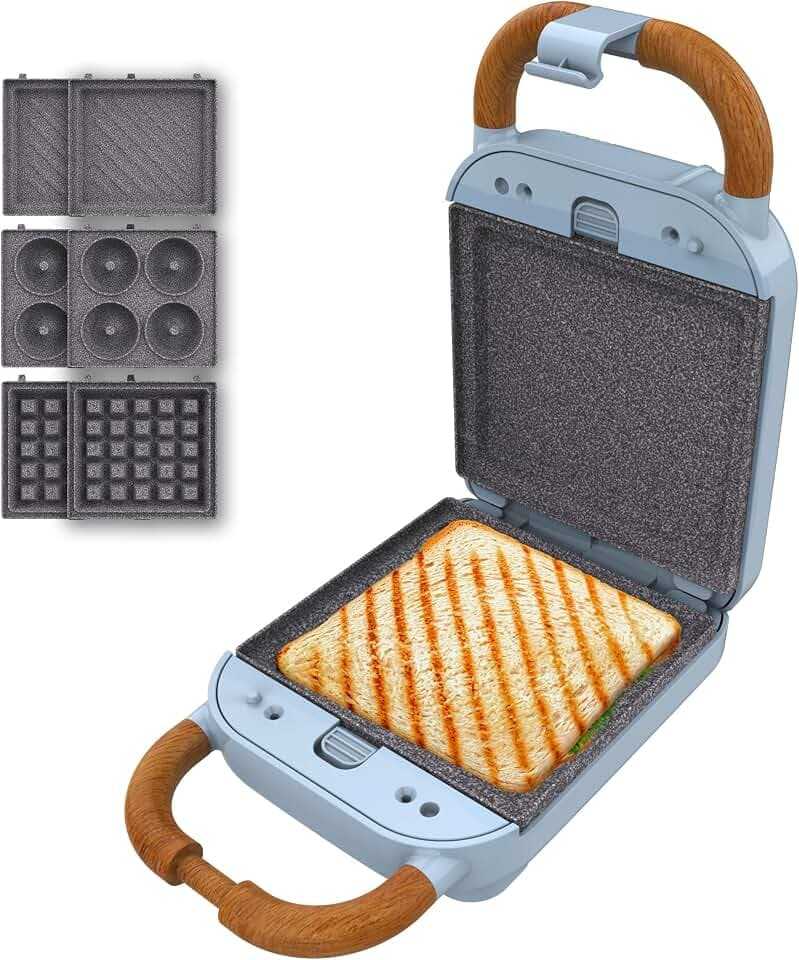 Cecotec Sandwichmaker Vintage Rock'Ntoast Retro One Blau. 700W, 3 austauschbare Platten, Retro-Design, Rockstone-Beschichtung, Leuchtanzeige, rutschfeste Basis, kühler Griff, Verschlusszange