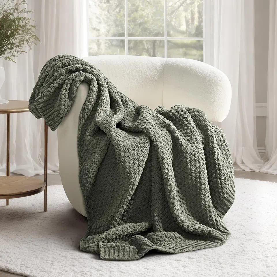 EVERGRACEHOME Chunky Chenille Knit Throw Blanket, 60x80, Dried Thyme Green