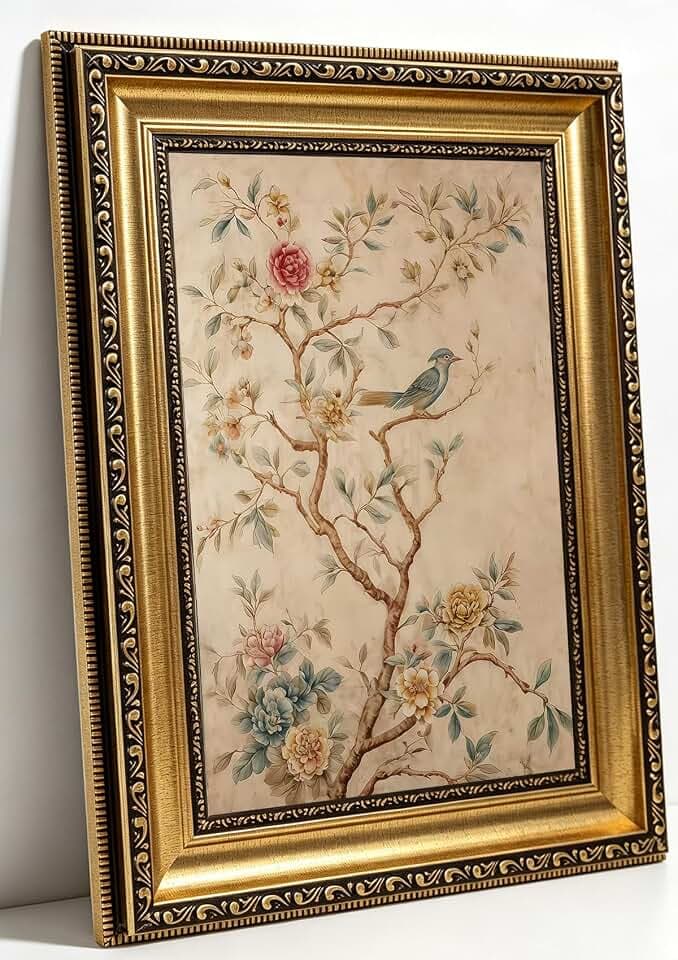Gold Framed Vintage Floral Bird Canvas Wall Art 16×24 inch