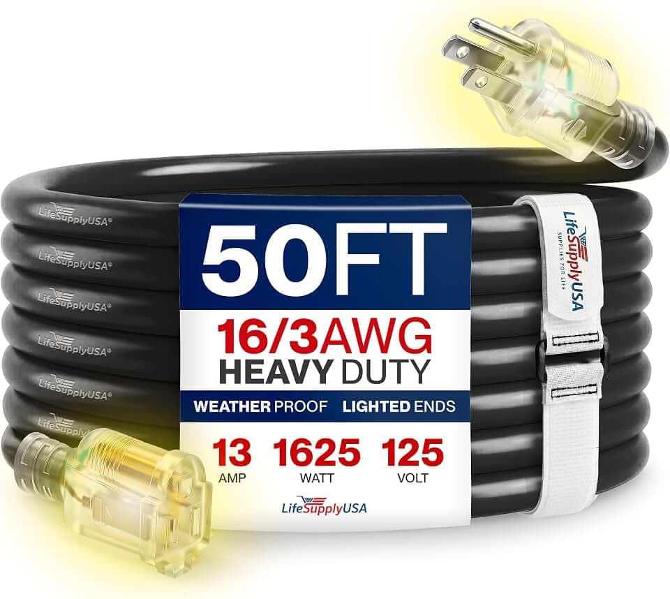 50ft Outdoor/Indoor Extension Cord 16/3 Gauge Heavy Duty 3 Prong SJTW, Waterproof, Flexible Cold-Resistant Long Power Cord,13A 125V 1625W, Black by LifeSupplyUSA